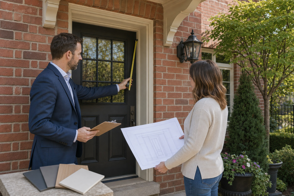 Homeowner and door professional planning a wider entry door opening on a Toronto brick home.