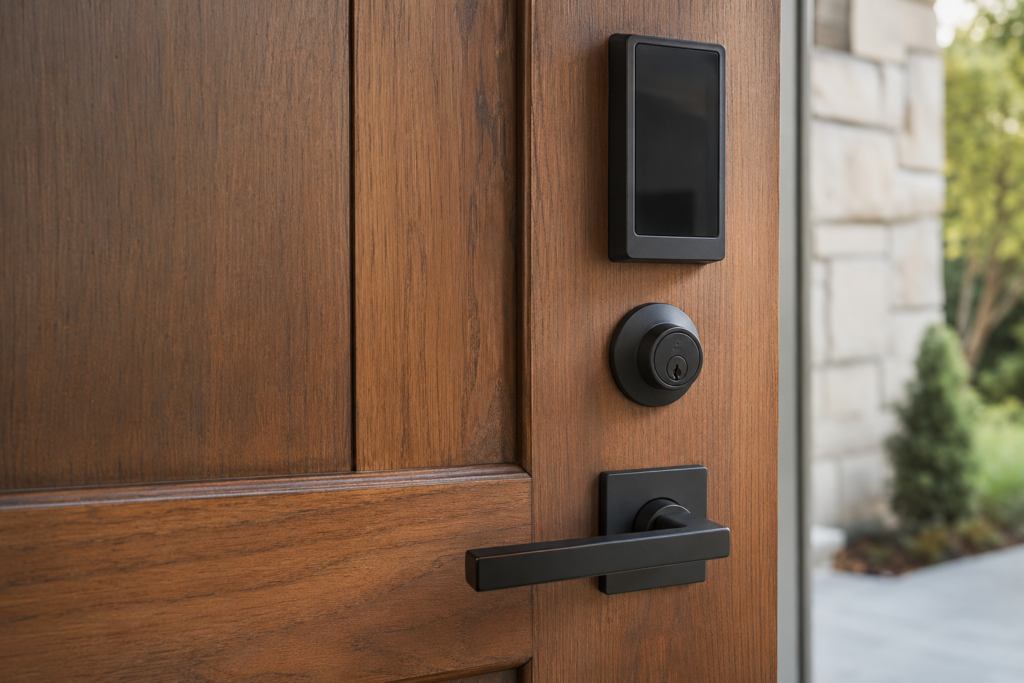 Premium matte black smart lock and matching handle set installed on a woodgrain fiberglass entry door.
