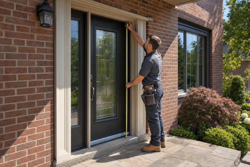 Professional installer measuring a front door frame and brick opening before ordering a replacement entry door.