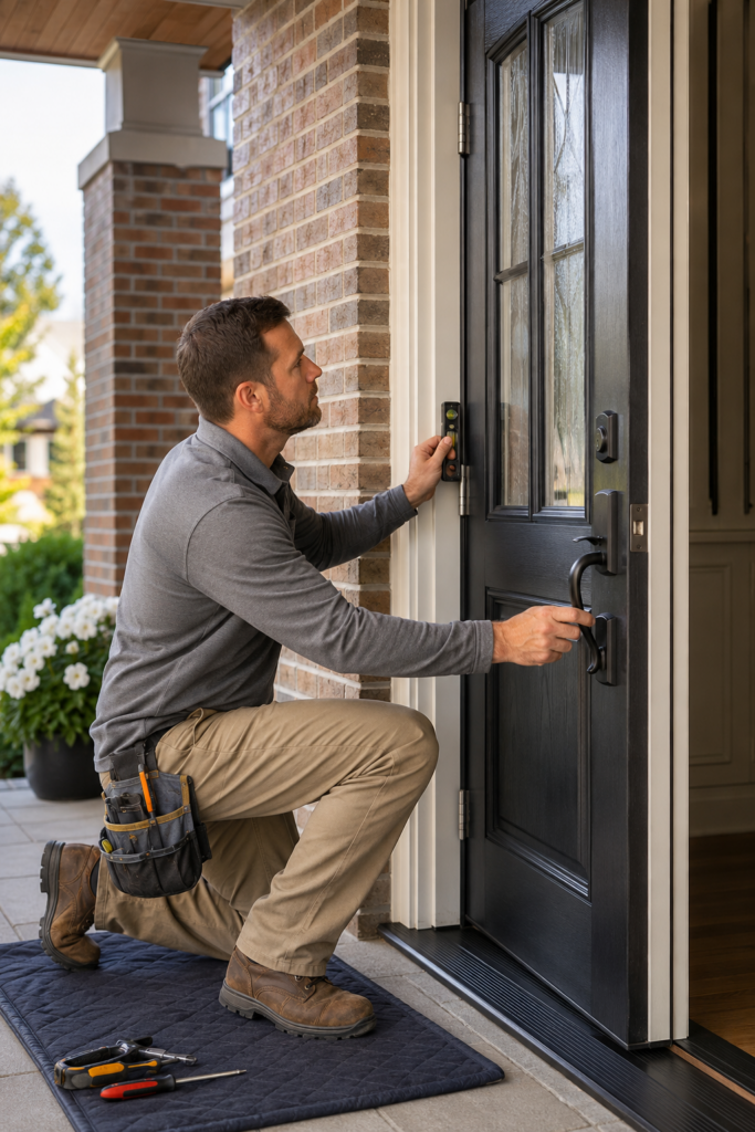 Professional technician inspecting entry door alignment, weatherstripping and lock operation.