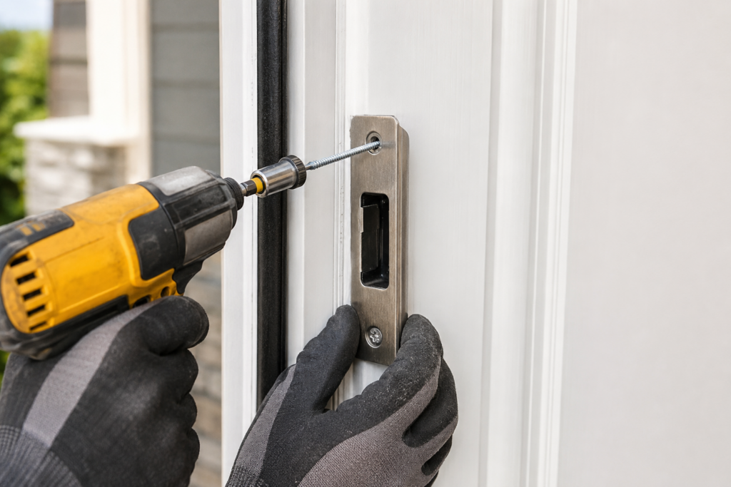 Professional installer reinforcing an entry door frame with a heavy-duty strike plate and long structural screws.