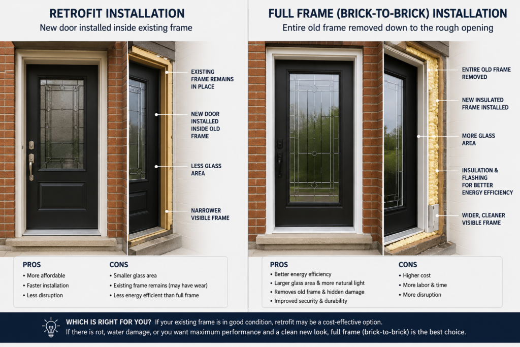 Comparison of retrofit and full frame brick-to-brick entry door installation methods.