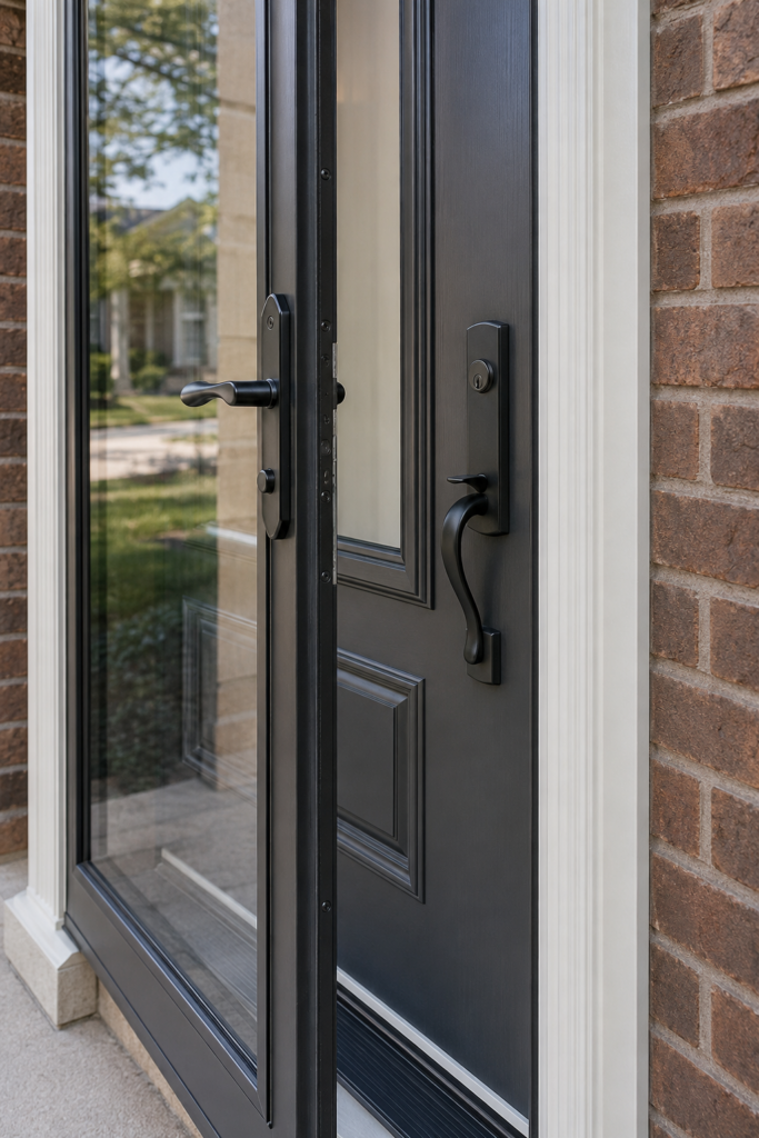 Proper clearance between a storm-door handle and the main entry-door handle set.