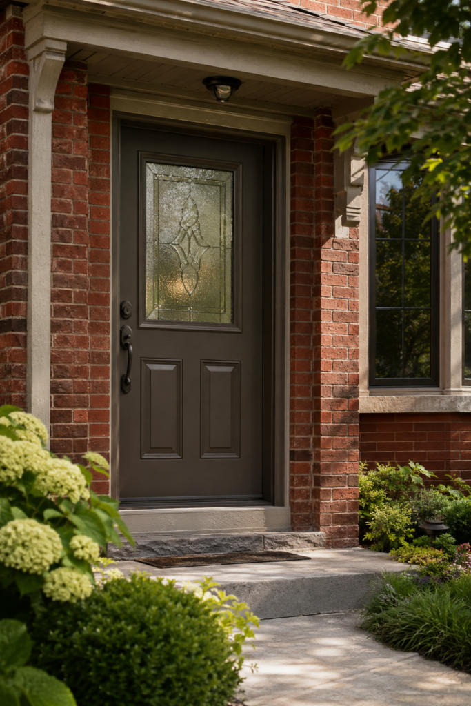 Traditional fiberglass entry door installed on an older Toronto brick home.