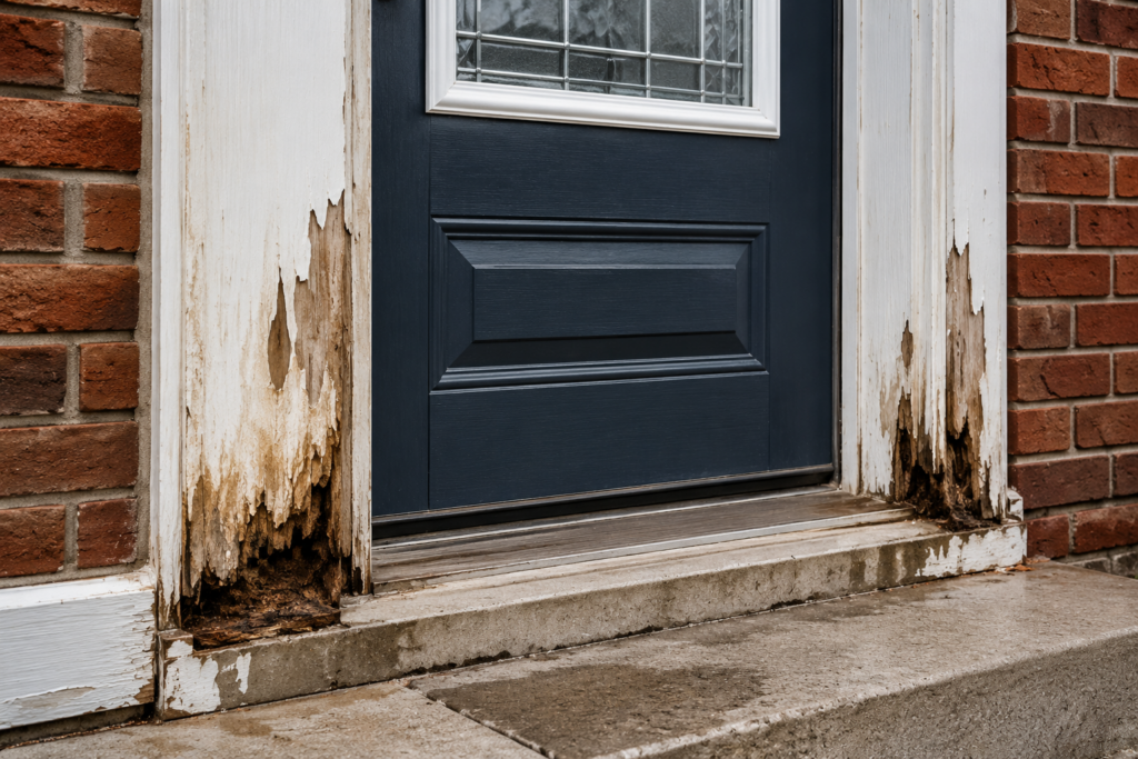 Water damage discovered around an old entry door before replacement
