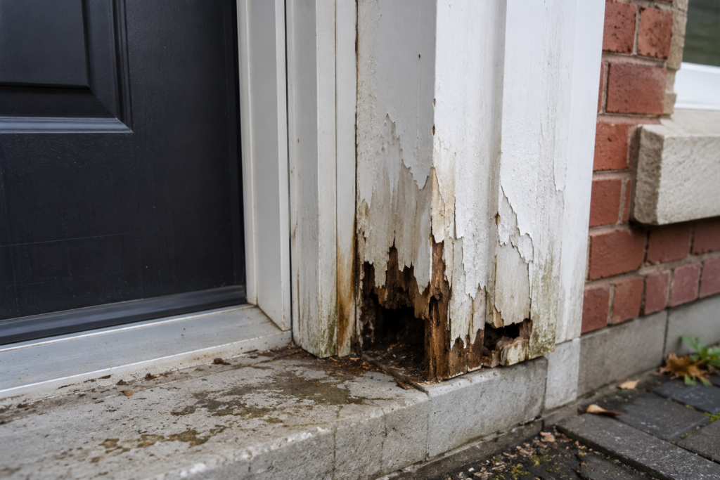 Water damage and deteriorating trim around an older entry door in Toronto