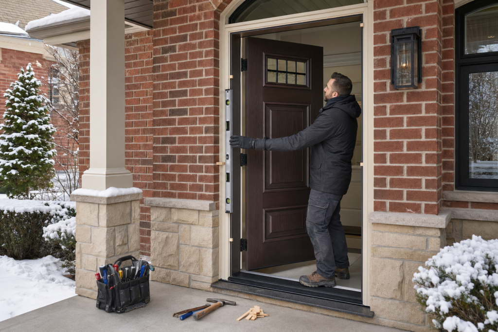 Professional winter entry door installation on a Toronto brick home.