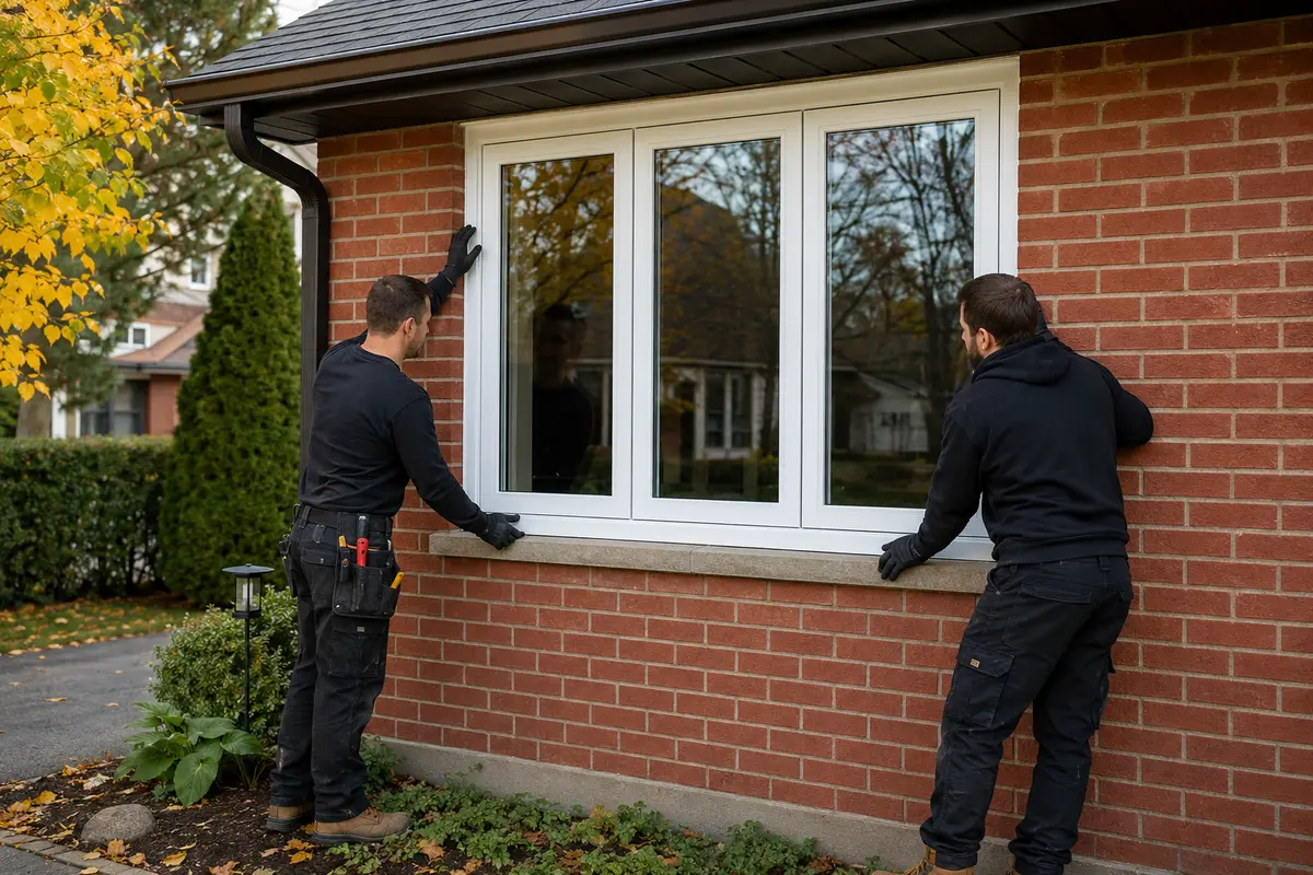 Professional installers completing window replacement on a Toronto brick home during fall