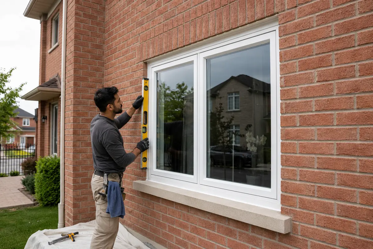 Installer checking a white replacement window in a red-brick Brampton home