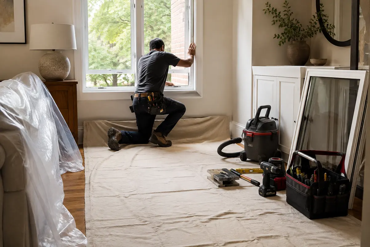 Protected floor and organized work area during a Toronto window installation