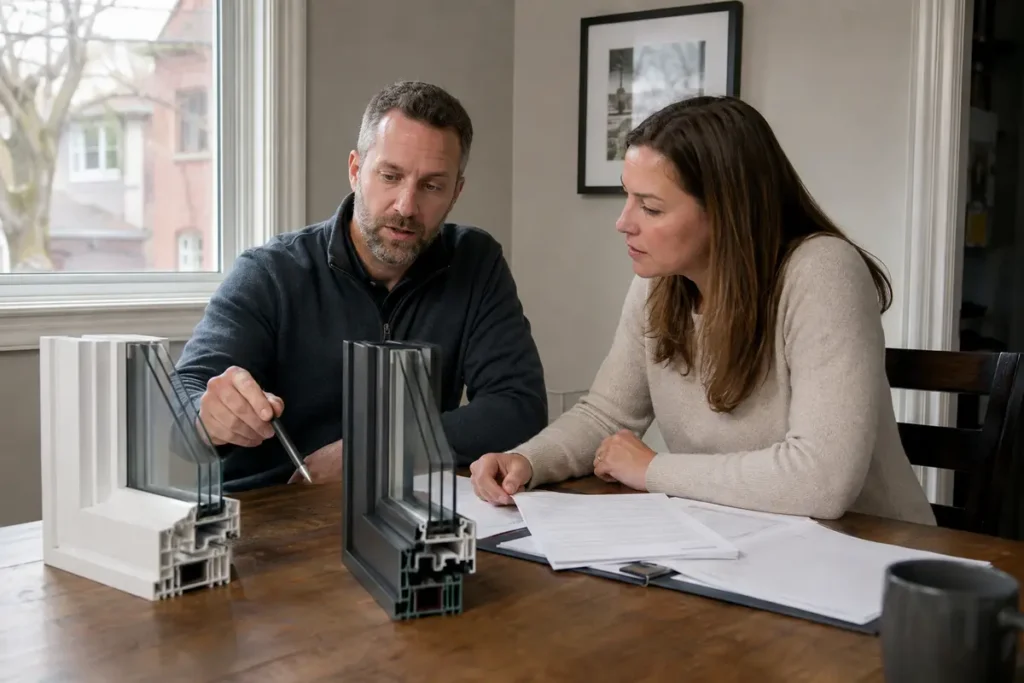 Toronto homeowner and window consultant comparing replacement-window installation quotes and frame samples