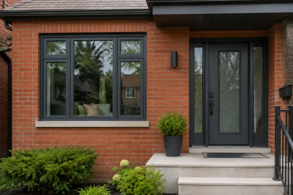 Coordinated charcoal window frames and entry door on a Toronto brick home