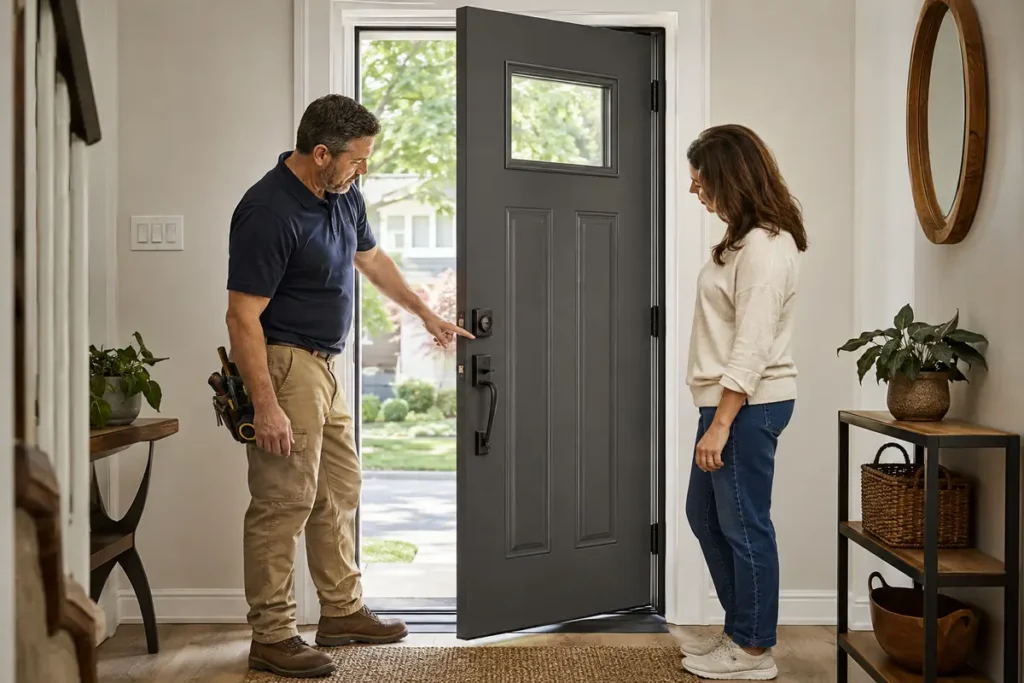 Installer demonstrating new entry door locks during the final homeowner inspection