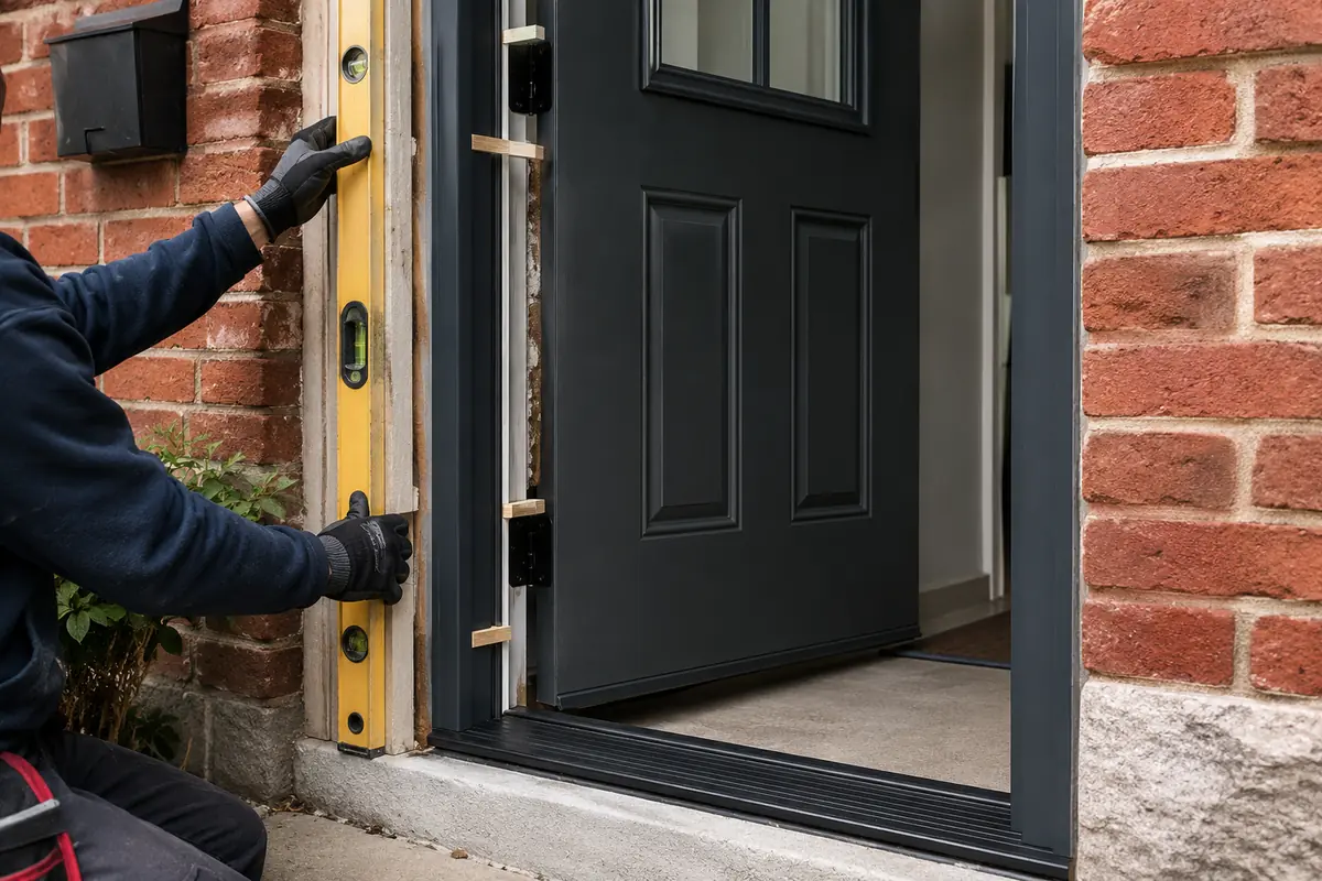Fiberglass entry door frame being checked for level during installation in a Toronto brick home