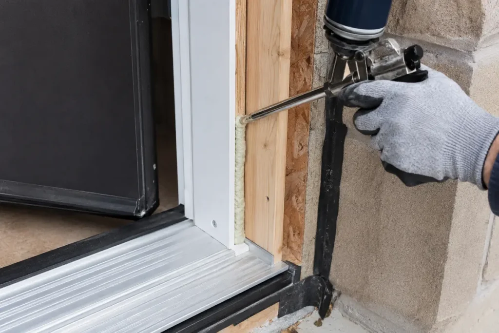 Installer applying low-expansion foam around a new exterior door frame