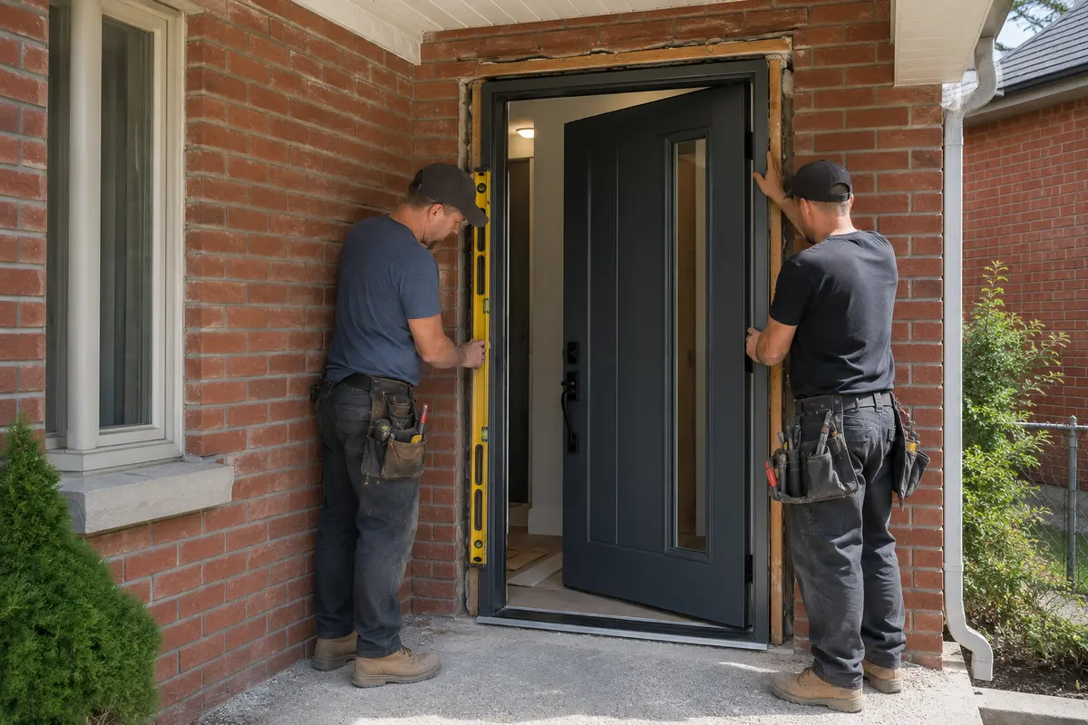Professional entry door installers levelling a new fiberglass door in a Toronto brick home