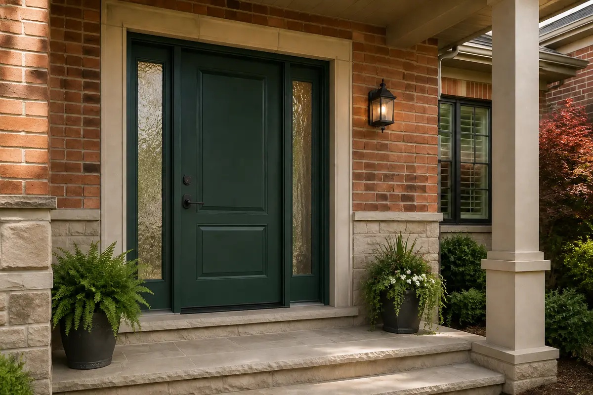 Green fiberglass entry door with two privacy-glass sidelights on a Markham home