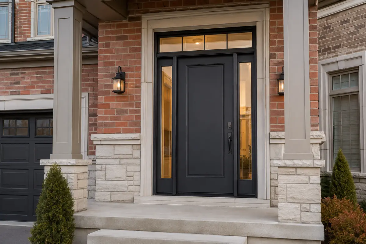 Charcoal fiberglass entry door with sidelights and a transom on a Brampton brick home