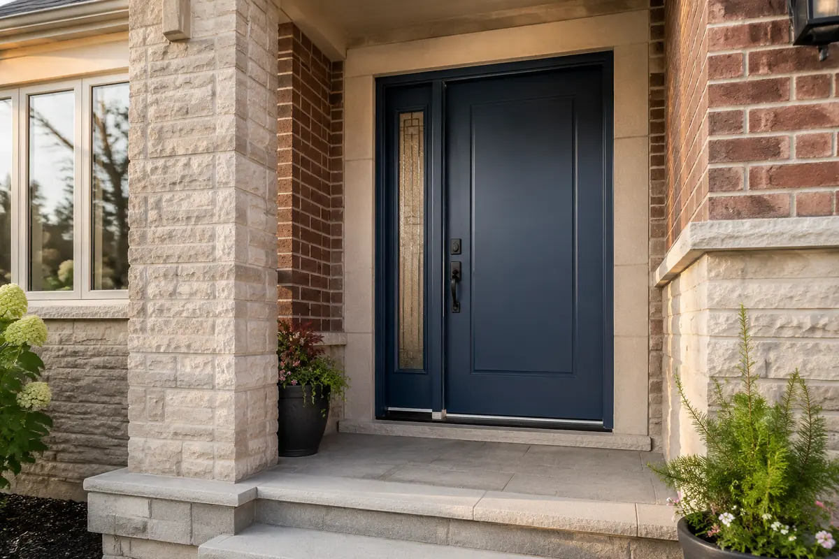Dark blue fiberglass entry door with sidelight installed in a Mississauga brick and stone home