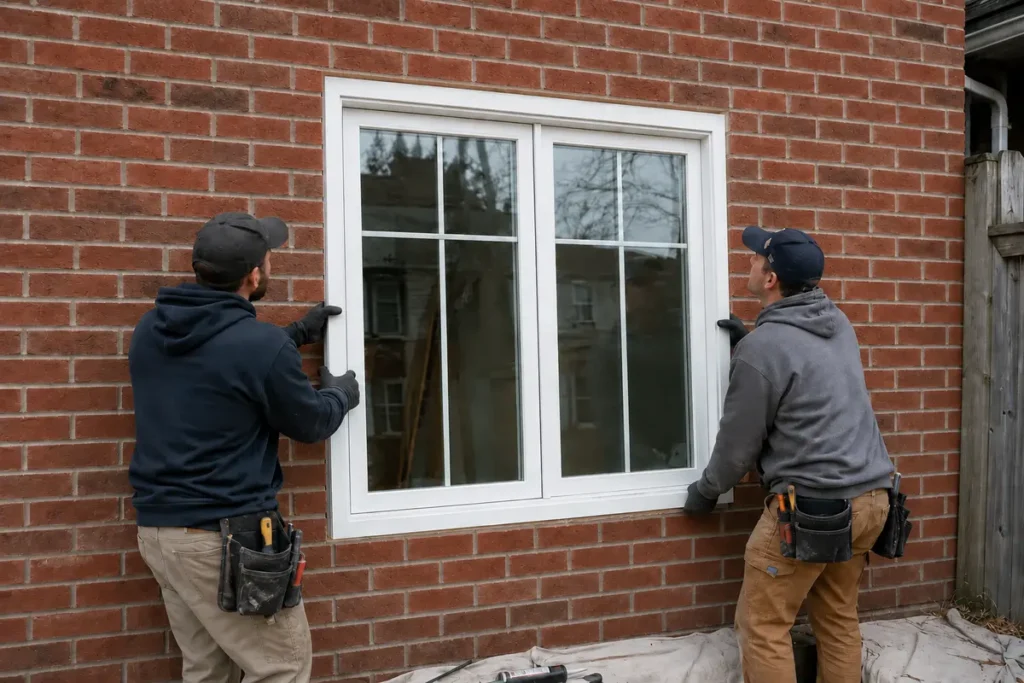 Installers positioning a full-frame replacement window in the prepared opening of a Toronto brick home