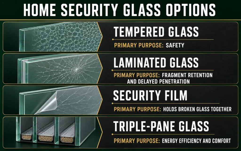 Tempered laminated security film and triple-pane glass comparison