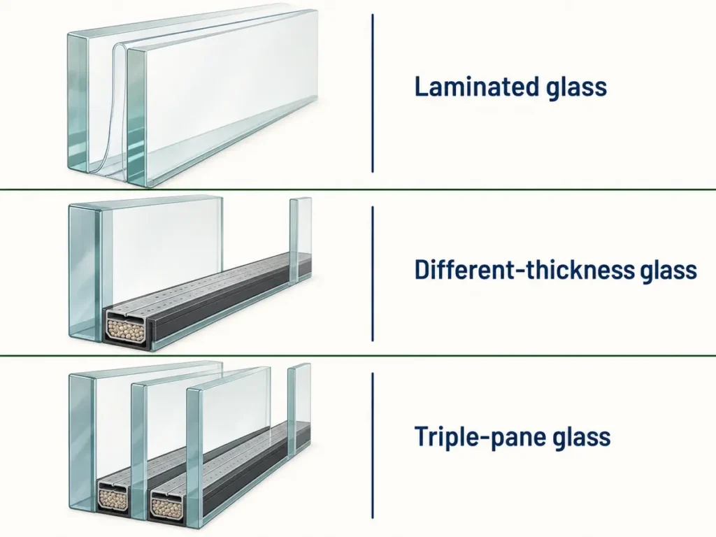 Laminated asymmetrical and triple-pane glass configurations for windows
