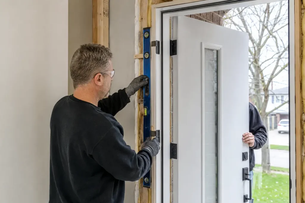 Installer checking a replacement entry door frame with a level before fastening