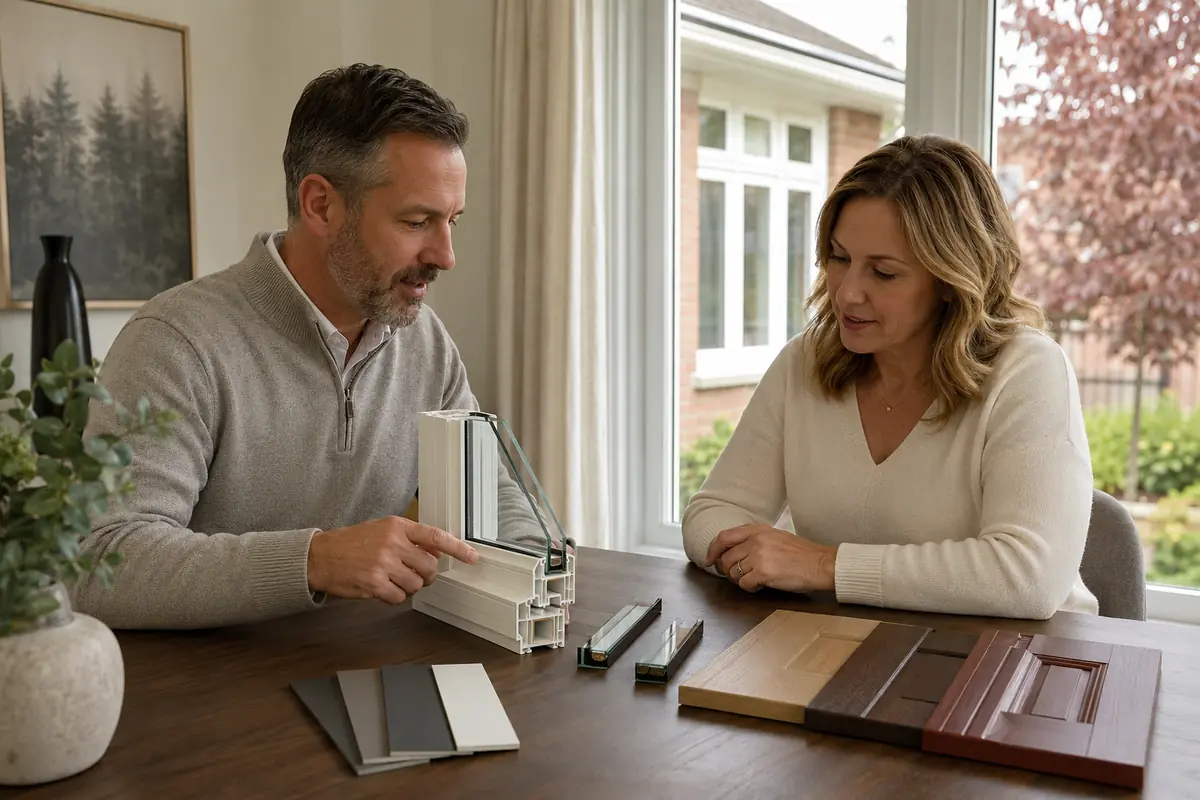 Mississauga homeowner reviewing window glass and finish samples during an in-home consultation