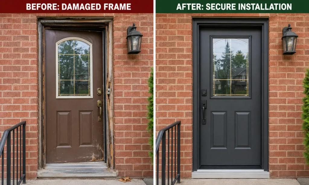 Damaged door frame replaced with a secure new entry door