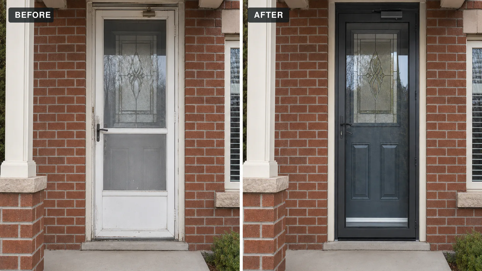 Before and after aluminum storm door replacement on a GTA home