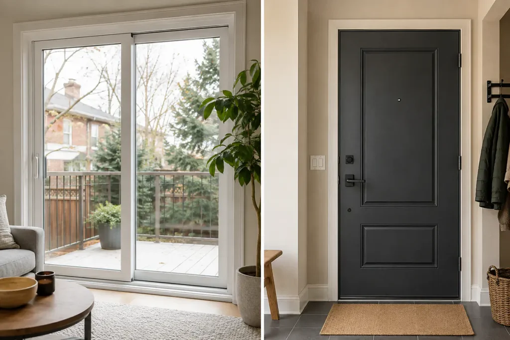 Weatherstripping and glass that help reduce noise through exterior doors