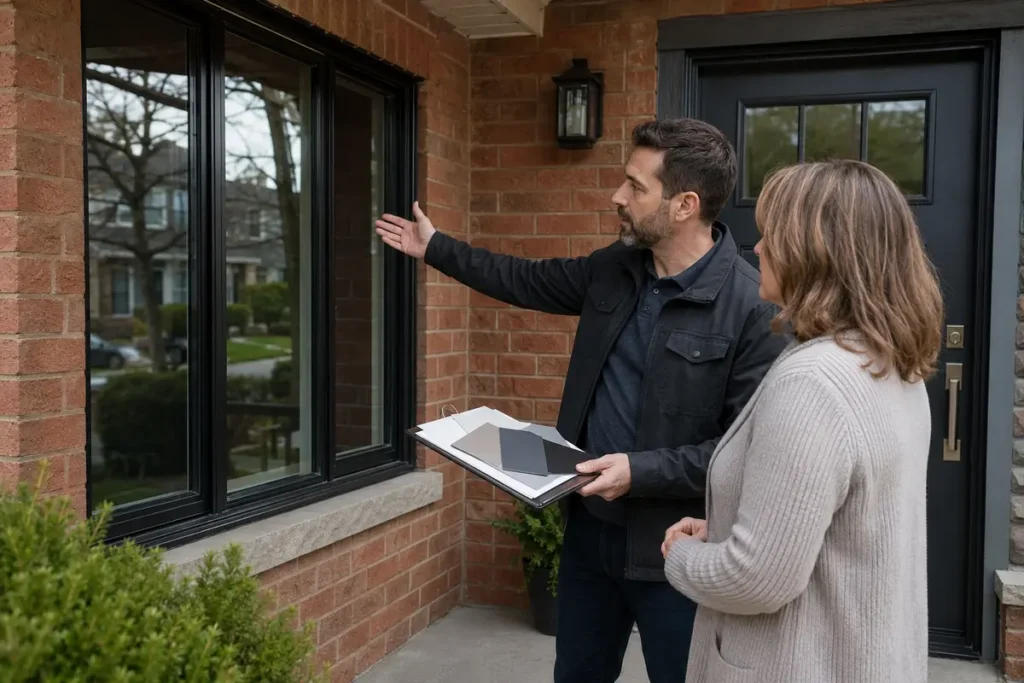 Homeowner and consultant planning a combined window and entry door replacement in Toronto