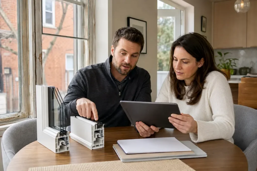 Toronto homeowner reviewing window frame samples and project timing with a window professional