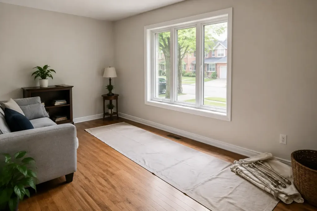 Living room prepared for window installation with furniture moved and the floor protected