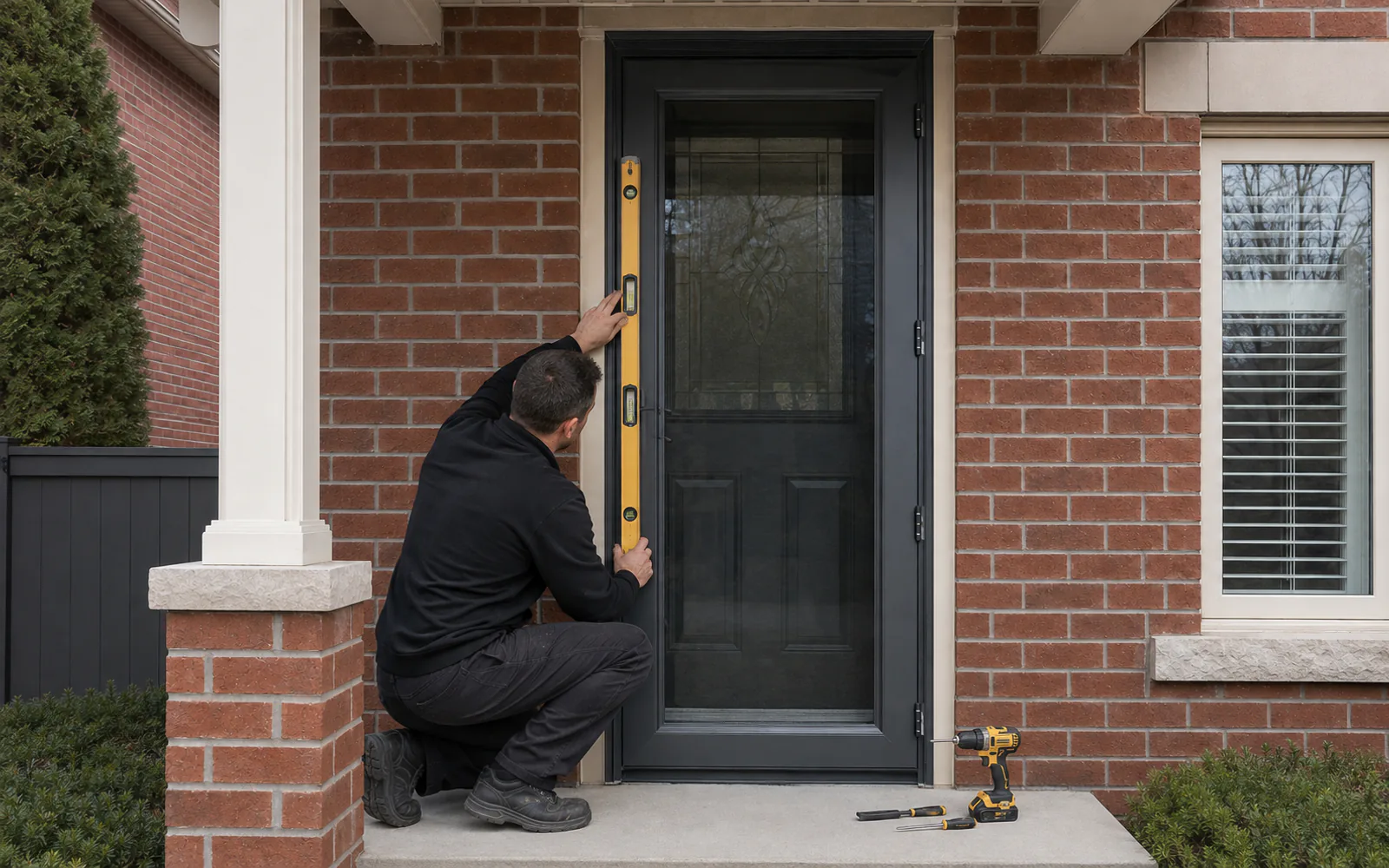 Installer levelling a custom aluminum storm door in Toronto