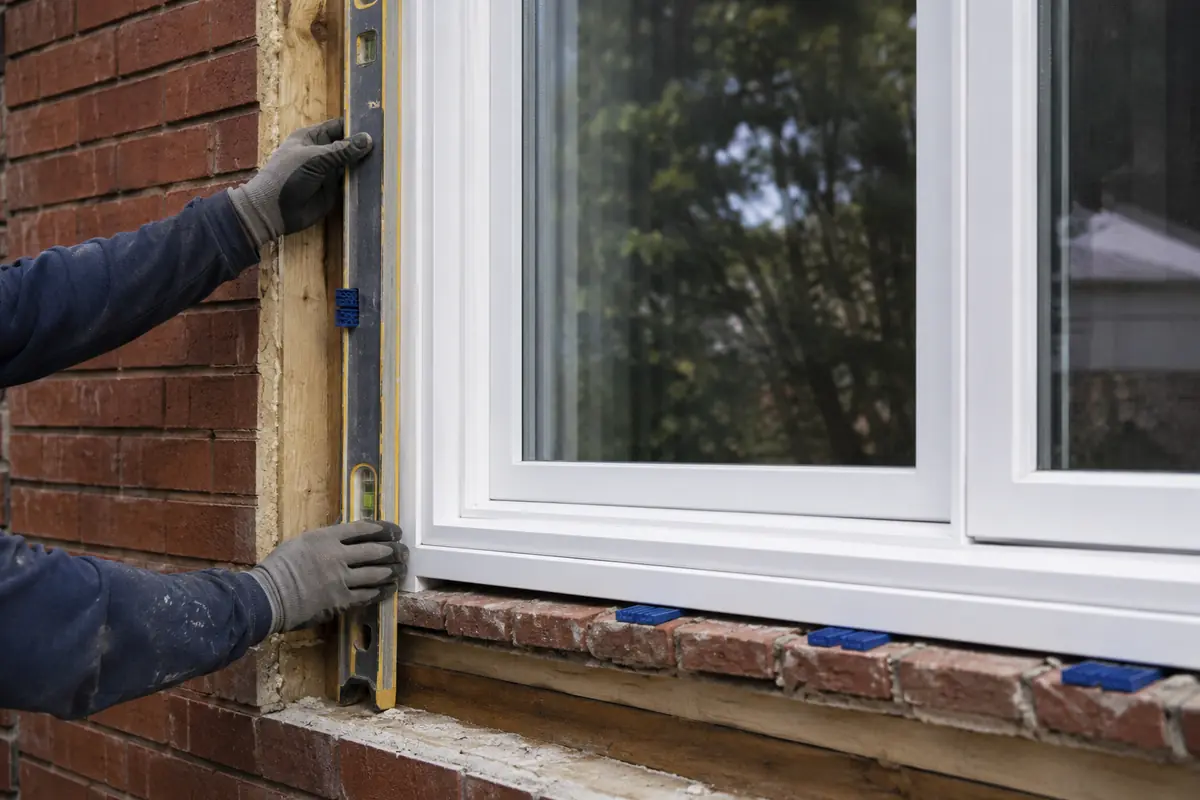Replacement vinyl window being checked for level during installation in a Toronto brick home