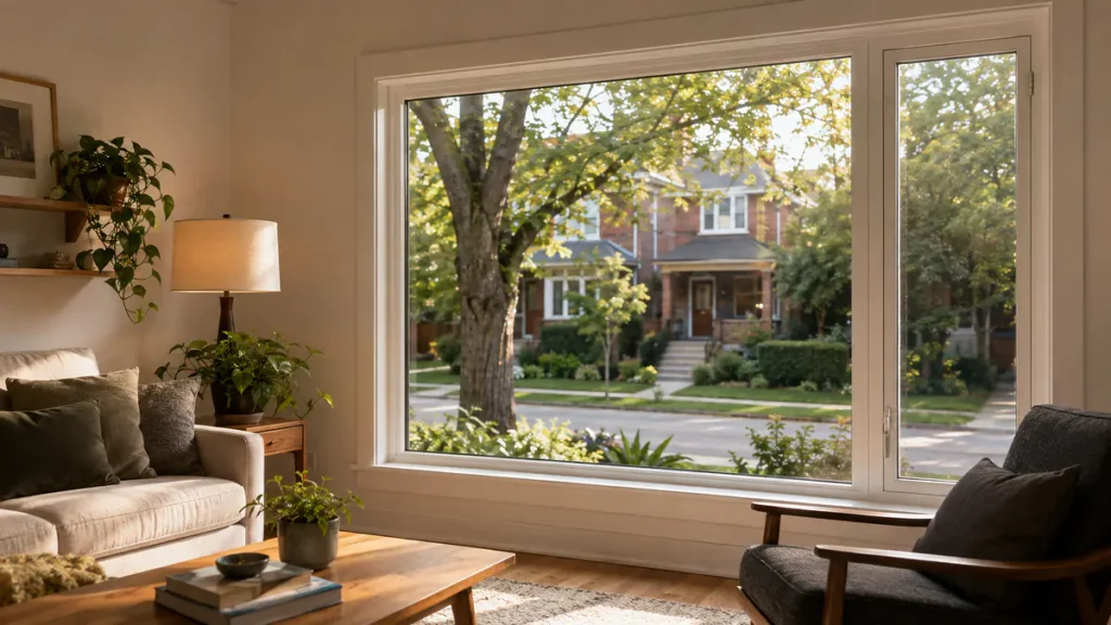 Quiet comfortable Toronto living room with newly installed vinyl windows