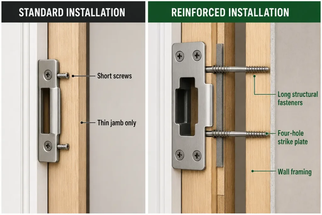 Reinforced door strike plate secured to structural framing