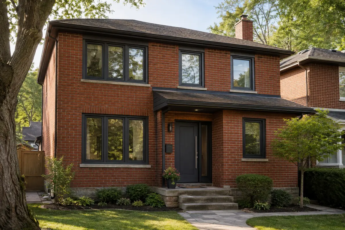 Toronto brick home with coordinated replacement windows and a modern entry door