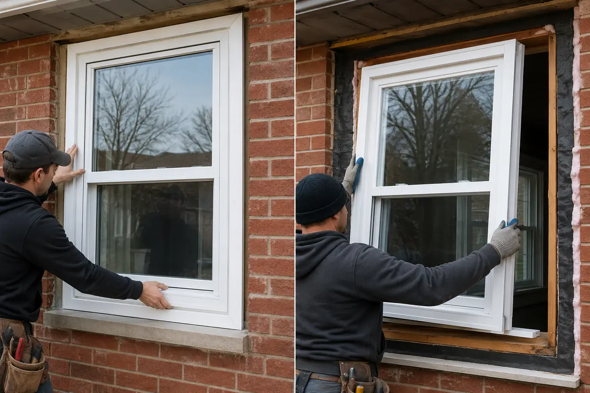 Side-by-side comparison of retrofit and full-frame window replacement on a Toronto brick home