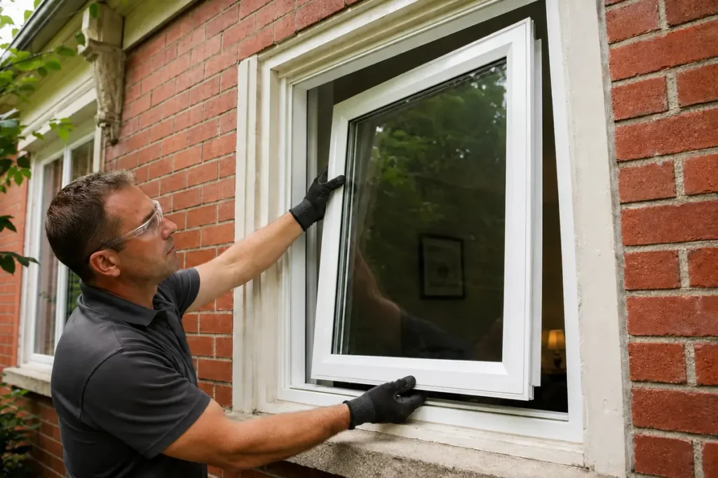 Installer finishing a retrofit replacement window within a retained frame on a Toronto brick home