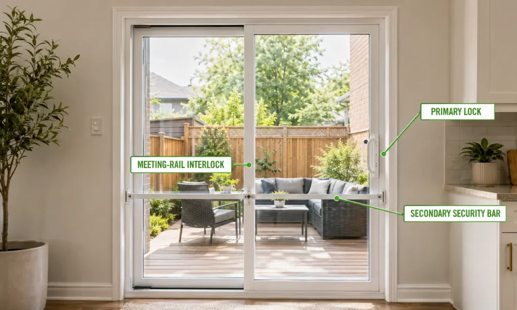 Secure sliding patio door lock and secondary security bar