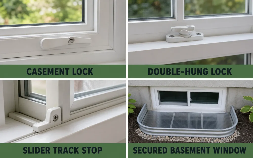 Secure locks for casement sliding hung and basement windows