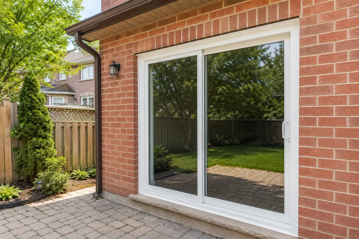 White sliding patio door installed in the rear brick wall of a Brampton home
