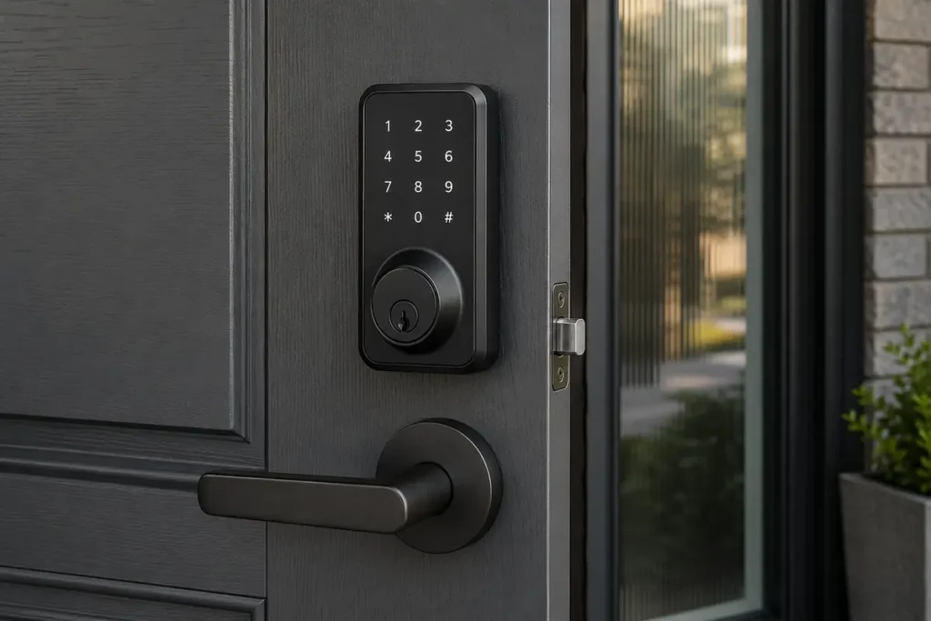 Smart lock installed on a secure front entry door