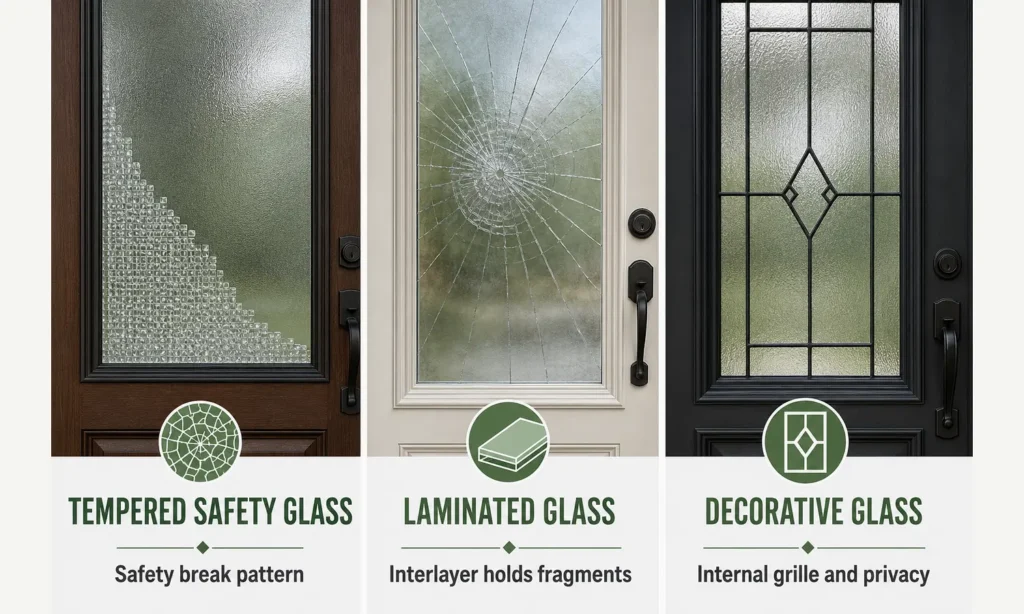 Tempered and laminated security glass options for entry doors