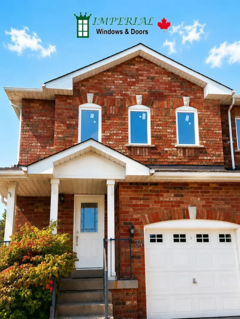 White replacement windows installed on a red-brick Toronto home