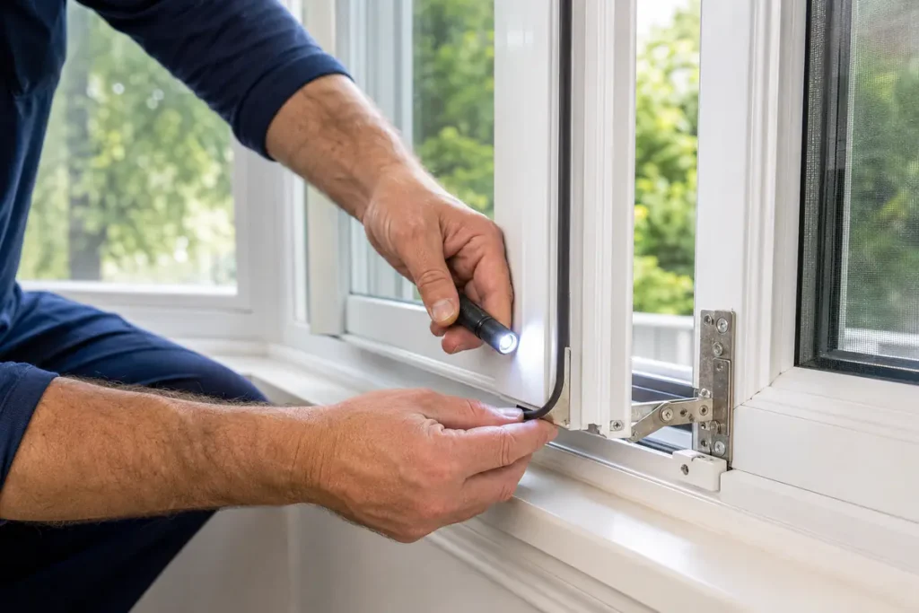 Installer inspecting weatherstripping and air gaps around a vinyl window
