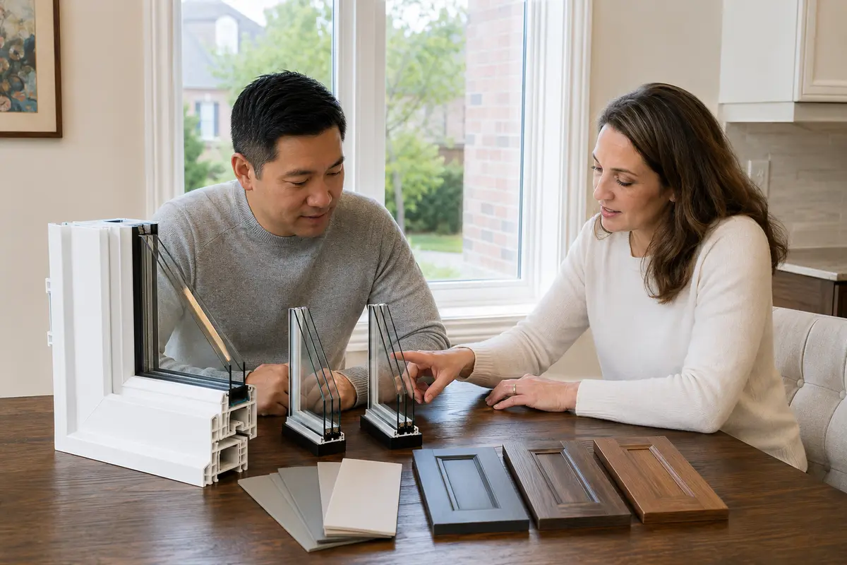 Markham homeowner comparing window glass and entry-door finish samples
