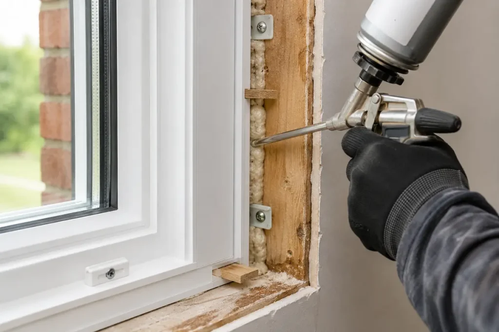 Installer applying low-expansion foam around a replacement window frame